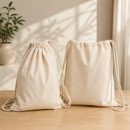 Pack of 2 White Minimalistic Drawstring Cotton Carry Bags