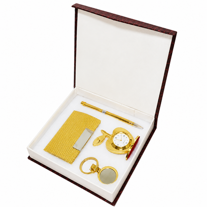 4 in 1 Gift Set with Table Clock, Metal Keychain, Card Holder and Crystal Pen