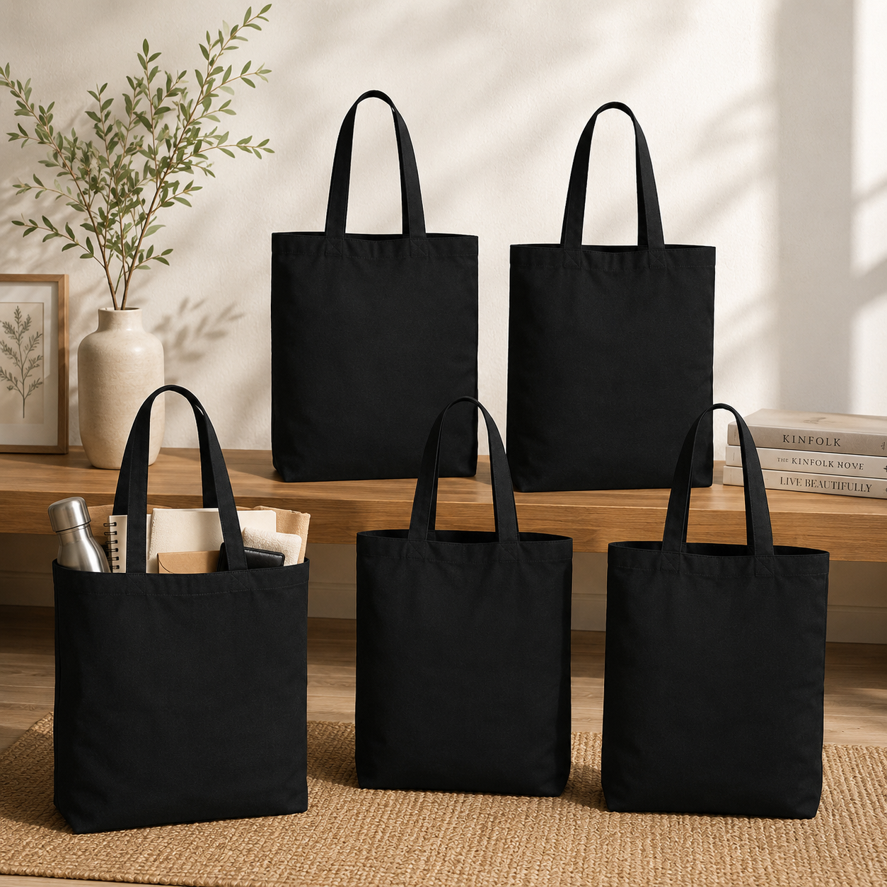 Pack of 5 Black Cotton Tote Bag (L)