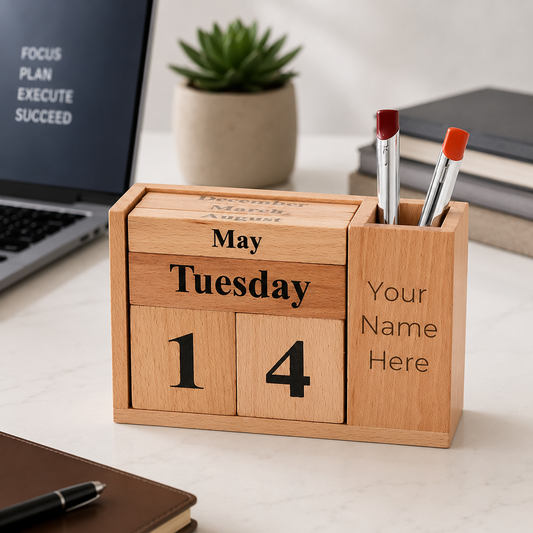 Personalized Wooden Desk Calendar With Pen Holder