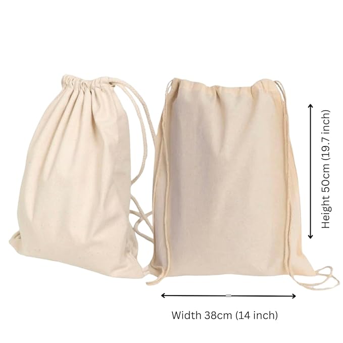 Pack of 2 White Minimalistic Drawstring Cotton Carry Bags