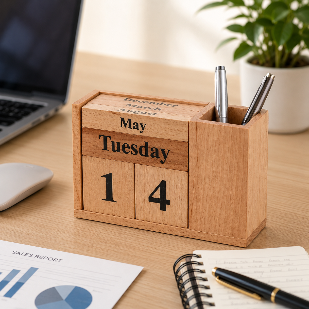 Large Wooden Desk Calendar With Pen Holder