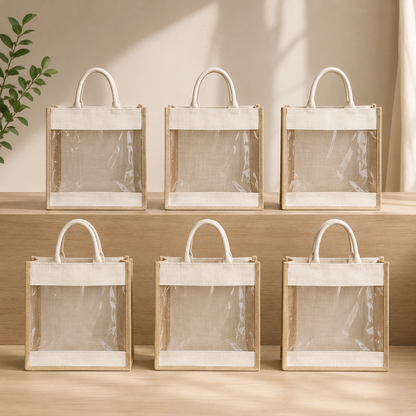 Pack of 6 Jute Minimalistic Large Size Bag with Zip Locking