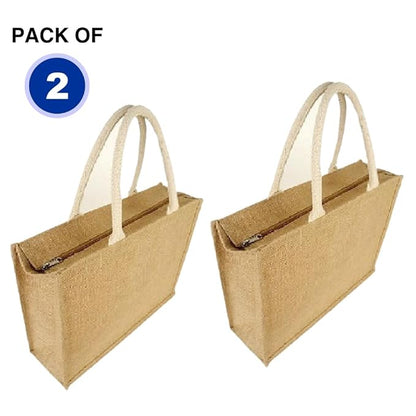 Pack of 2 Jute Shopping Bags with Zipper (L)