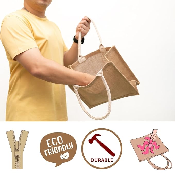 Pack of 2 Jute Shopping Bags with Zipper (M)