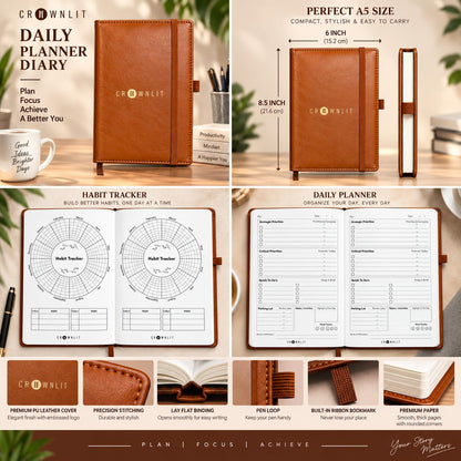 Crownlit Daily Productivity Planner Journal, A5 Brown