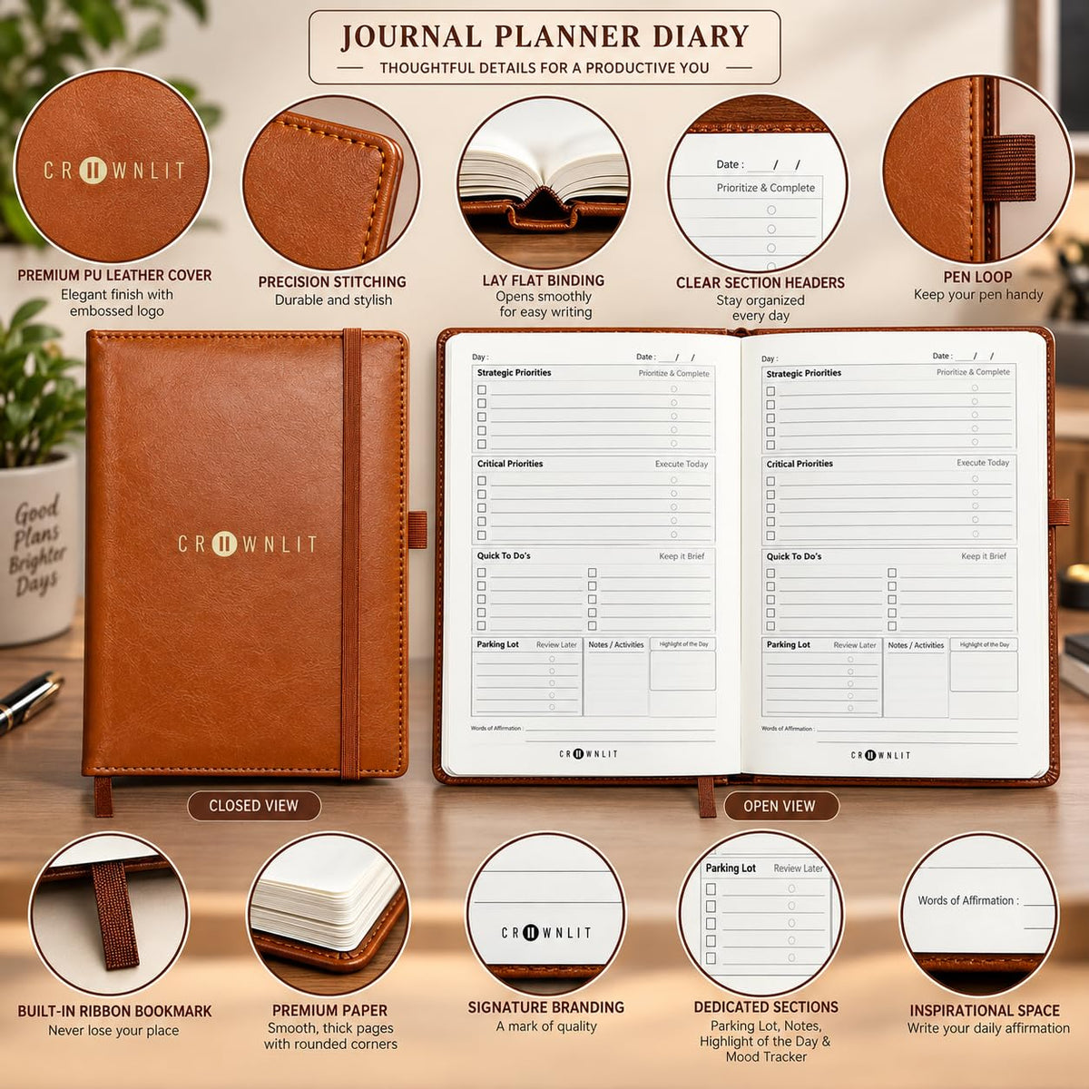 Crownlit Daily Productivity Planner Journal, A5 Brown