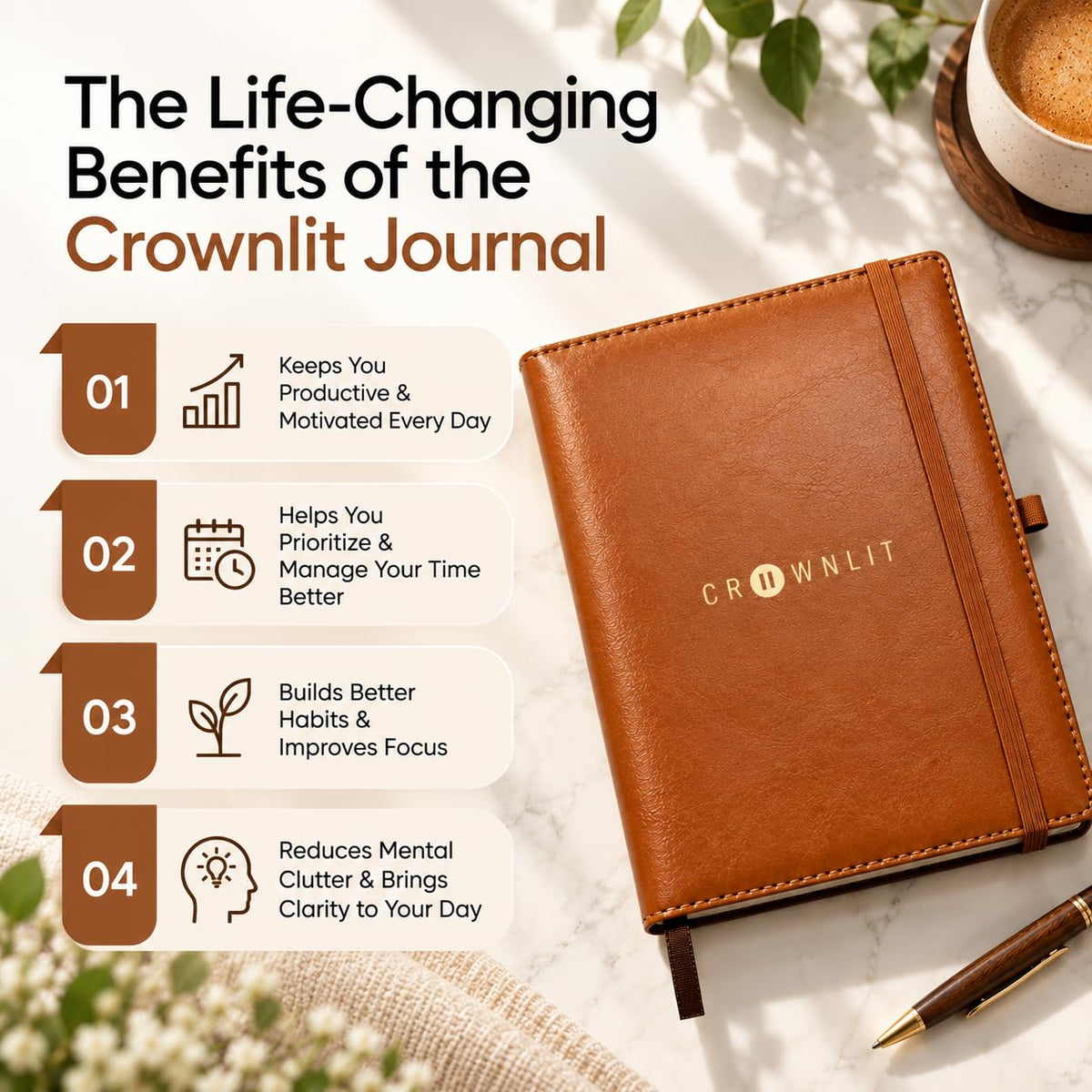 Crownlit Daily Productivity Planner Journal, A5 Brown