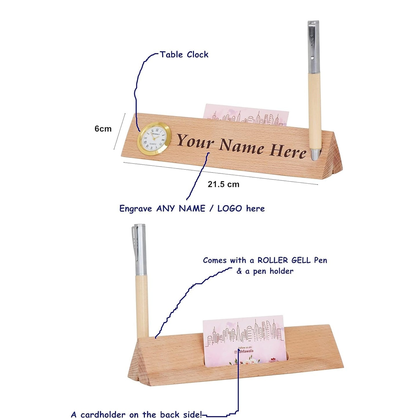 Personalized Pen With Desk Name Plate & Table Clock