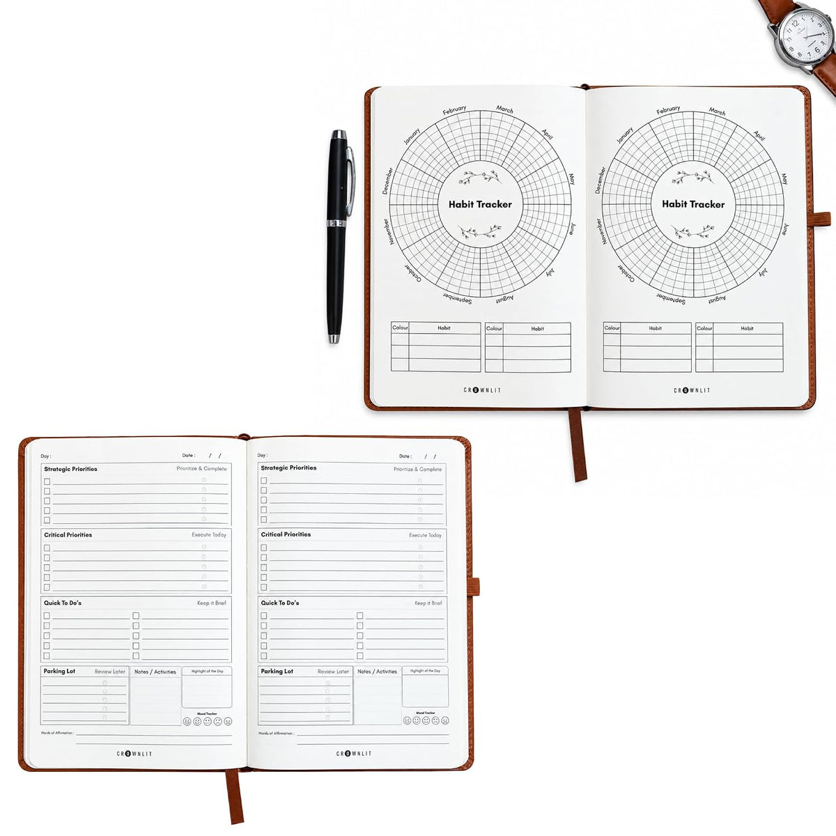 Crownlit Daily Productivity Planner Journal, A5 Brown
