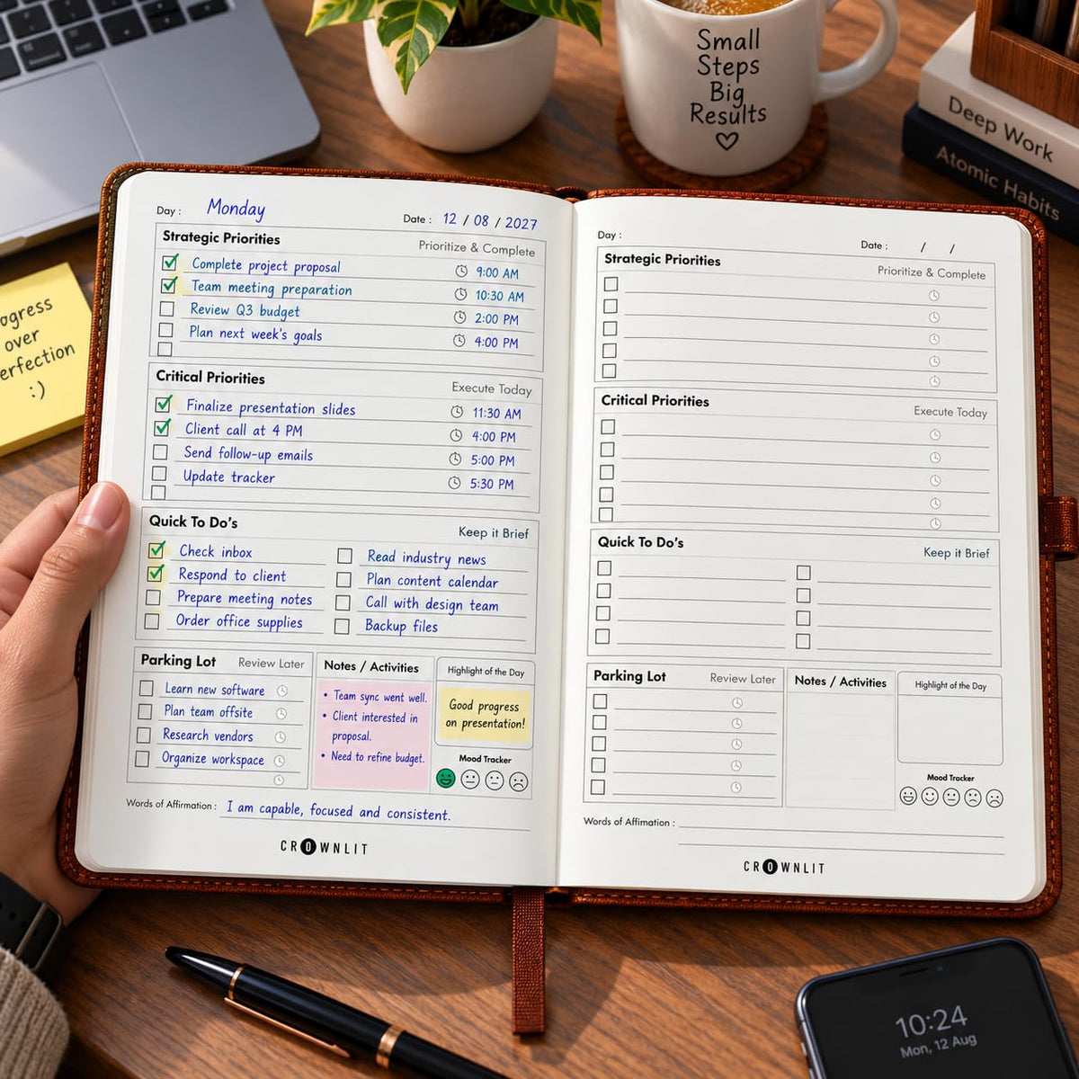 Crownlit Daily Productivity Planner Journal, A5 Brown