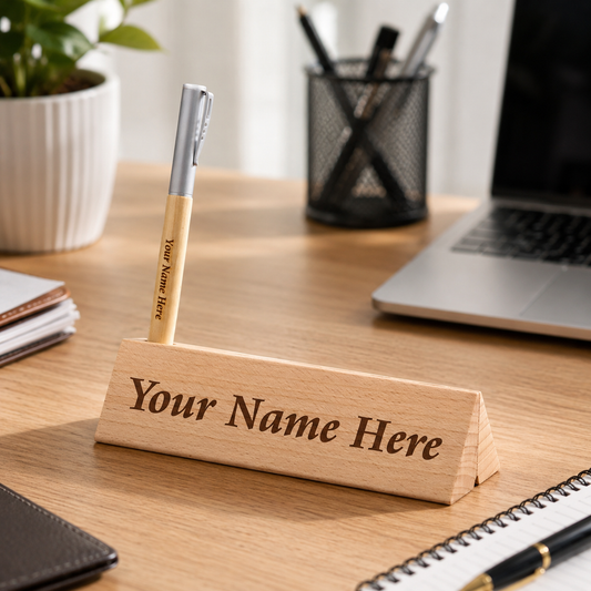 Personalized Desk Name Plate with Wooden Pen and Pen Stand