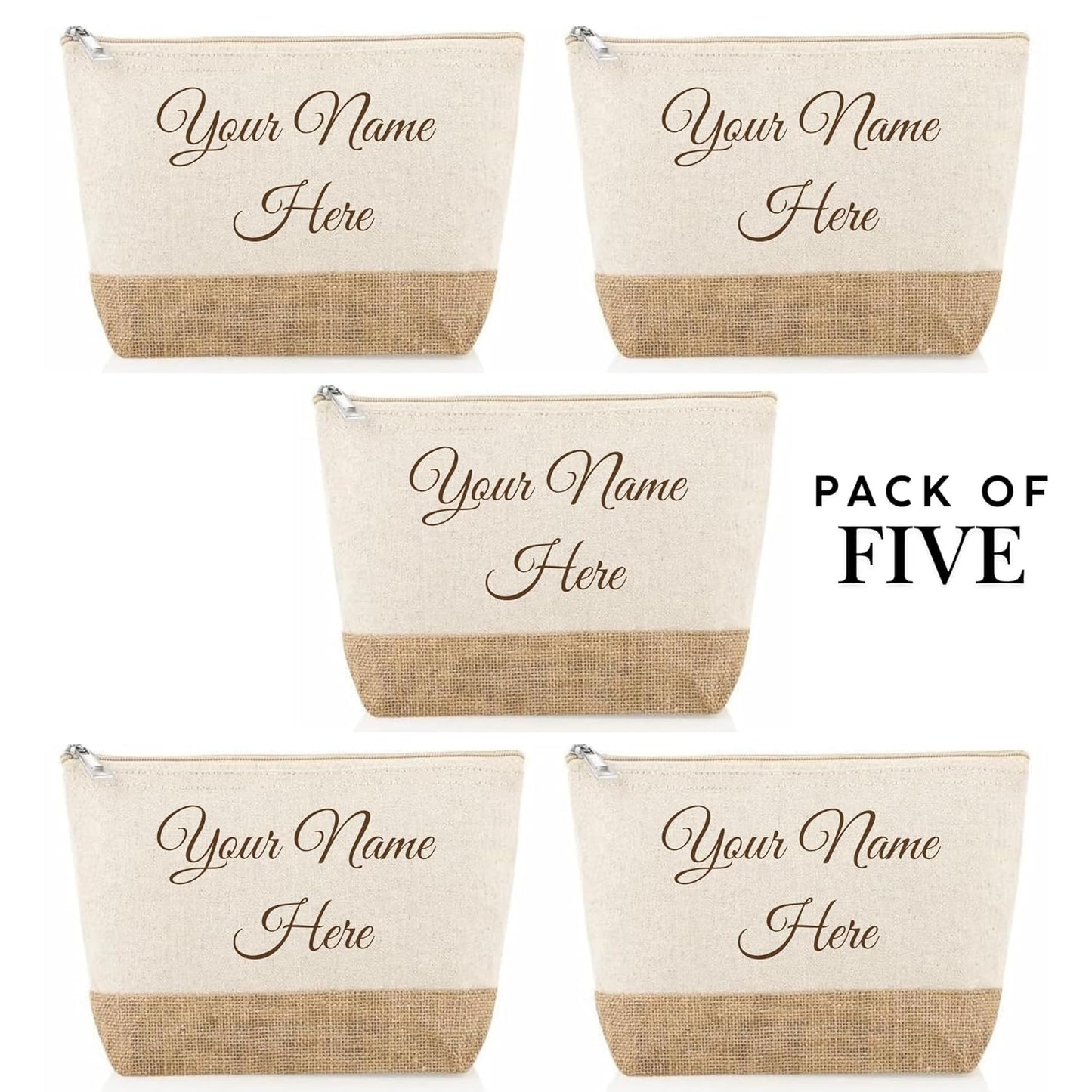 Personalized Pack of 5 Cotton and Jute Minimalistic Pouches