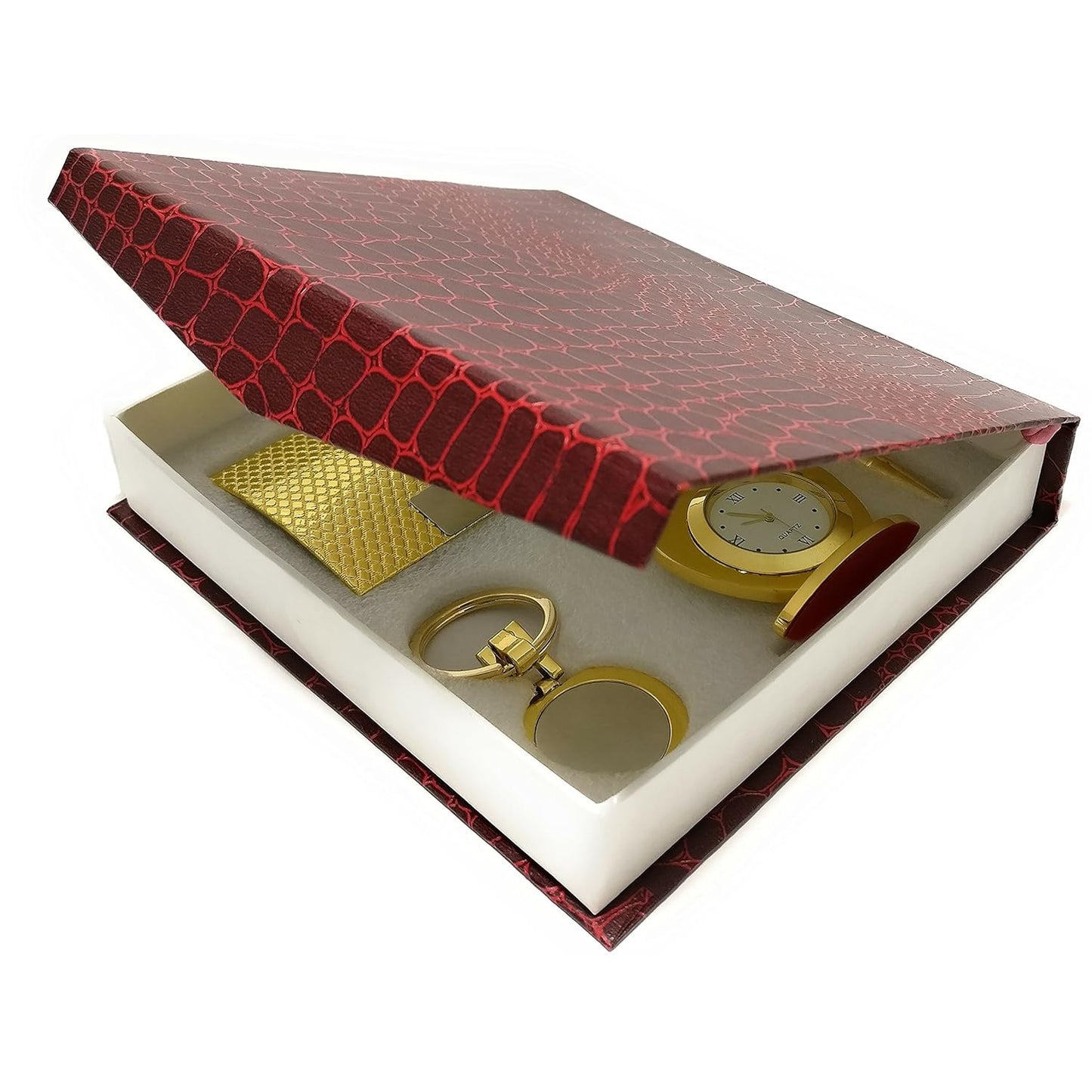 4 in 1 Gift Set with Table Clock, Metal Keychain, Card Holder and Crystal Pen