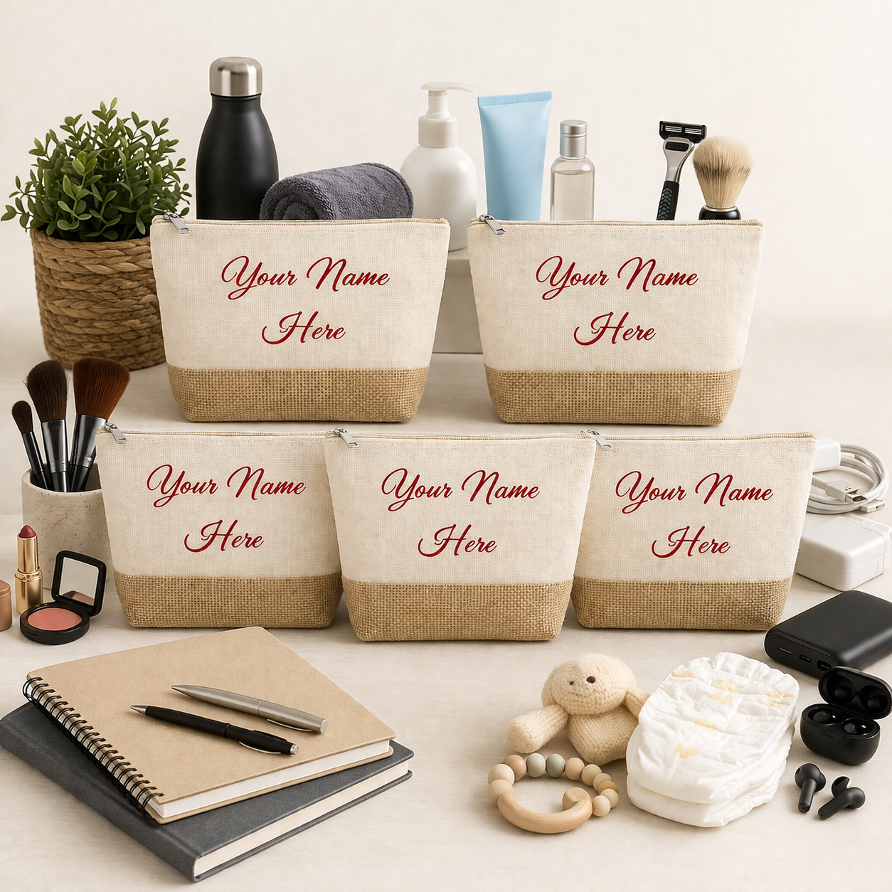 Personalized Pack of 5 Cotton and Jute Minimalistic Pouches