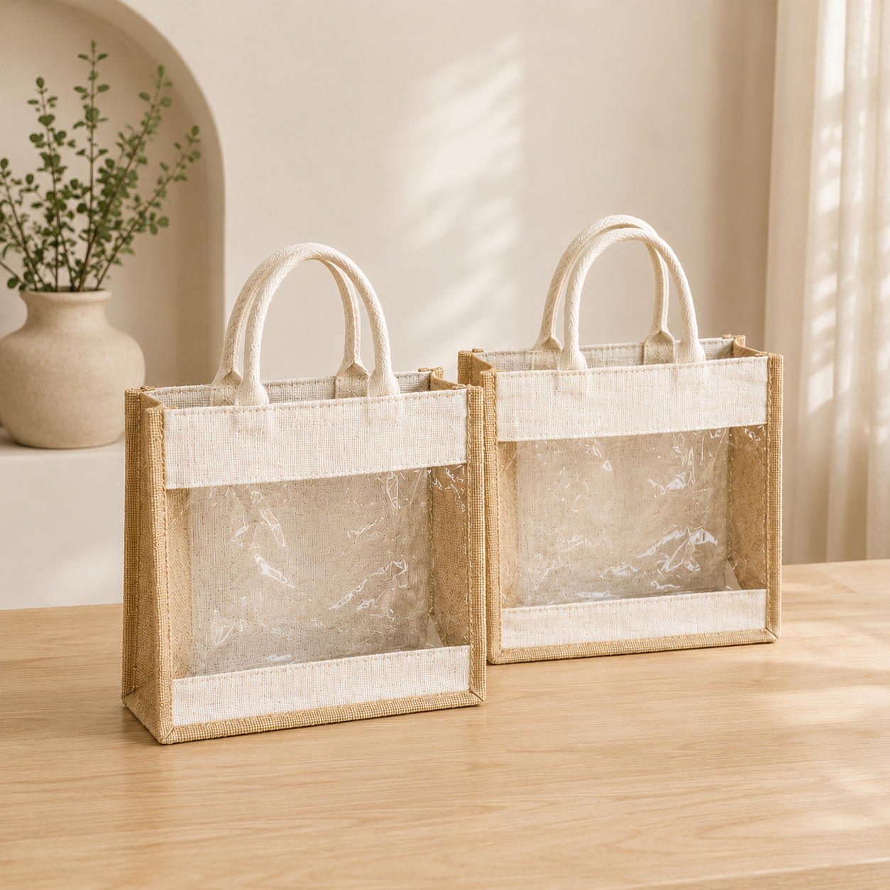 Pack of 2 Jute Minimalistic Large Size Bag with Zip Locking