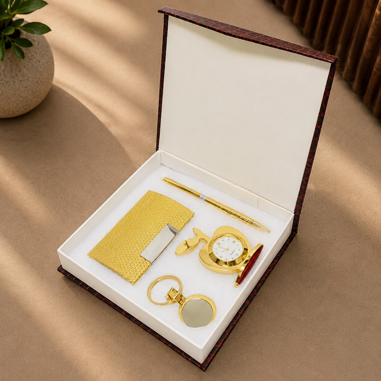 4 in 1 Gift Set with Table Clock, Metal Keychain, Card Holder and Crystal Pen