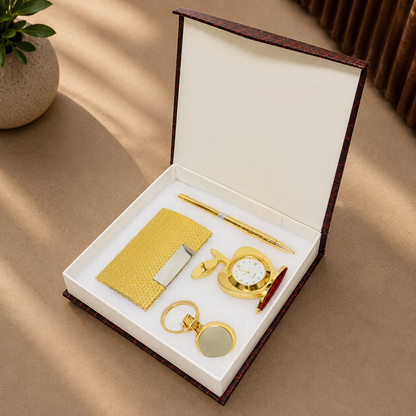 4 in 1 Gift Set with Table Clock, Metal Keychain, Card Holder and Crystal Pen