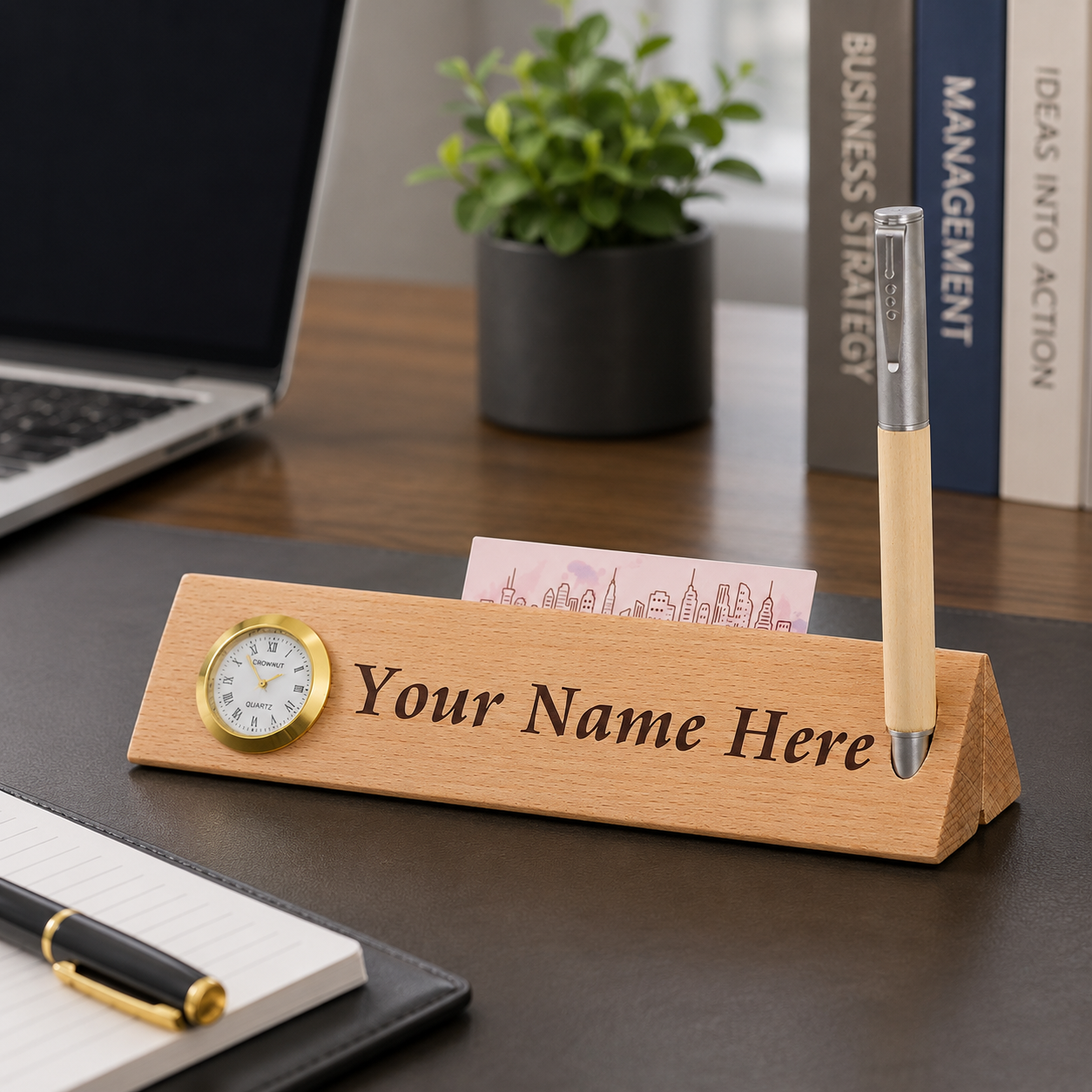 Personalized Pen With Desk Name Plate & Table Clock