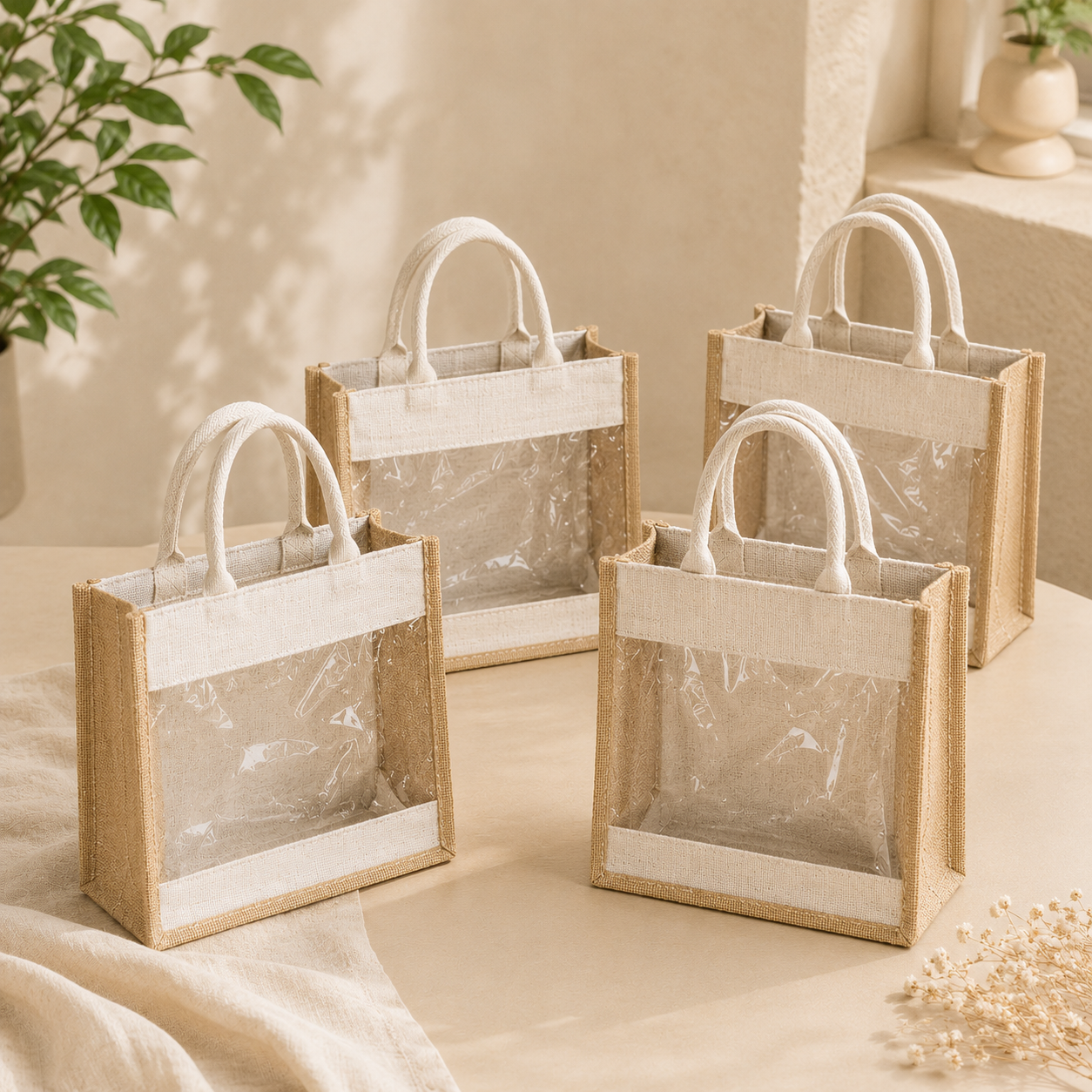 Pack of 4 Jute Minimalistic Medium Size Bag with Zip Locking